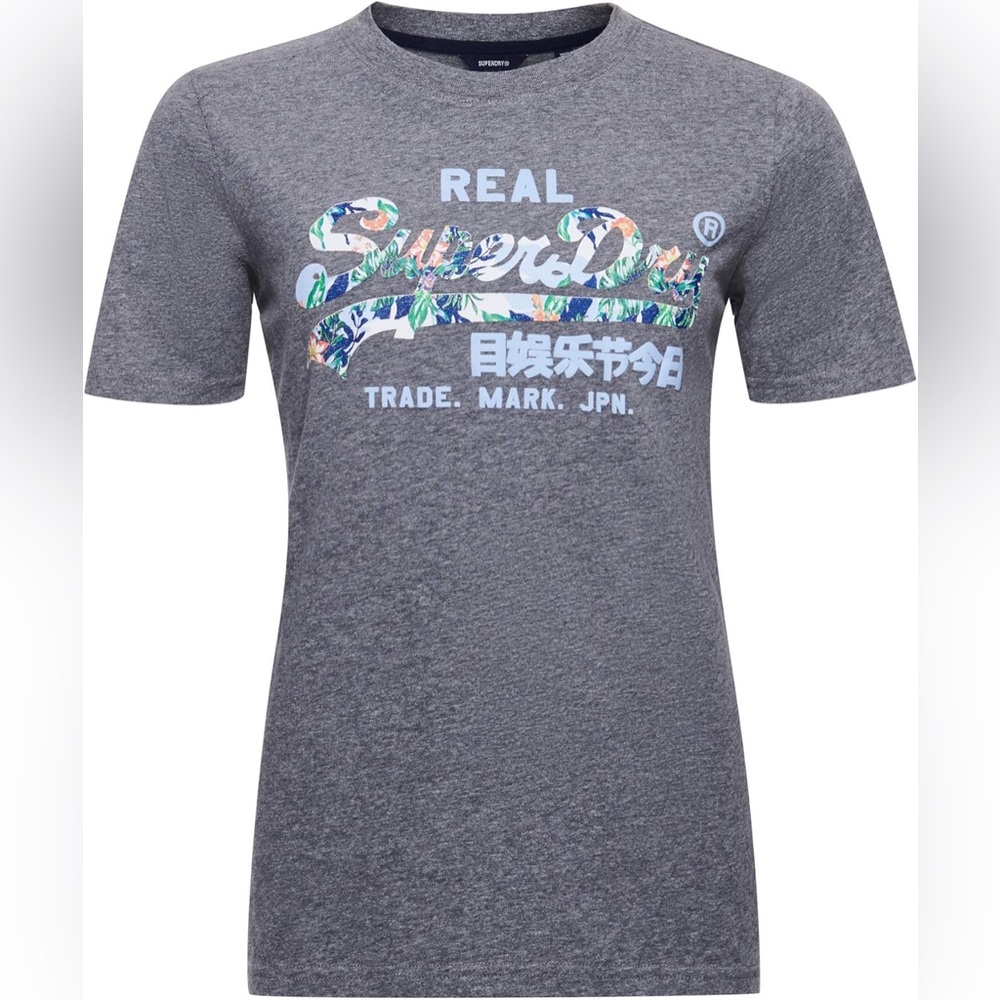 Superdry Casual Streetwear Charcoal Tee with Tropical Logo Size 8